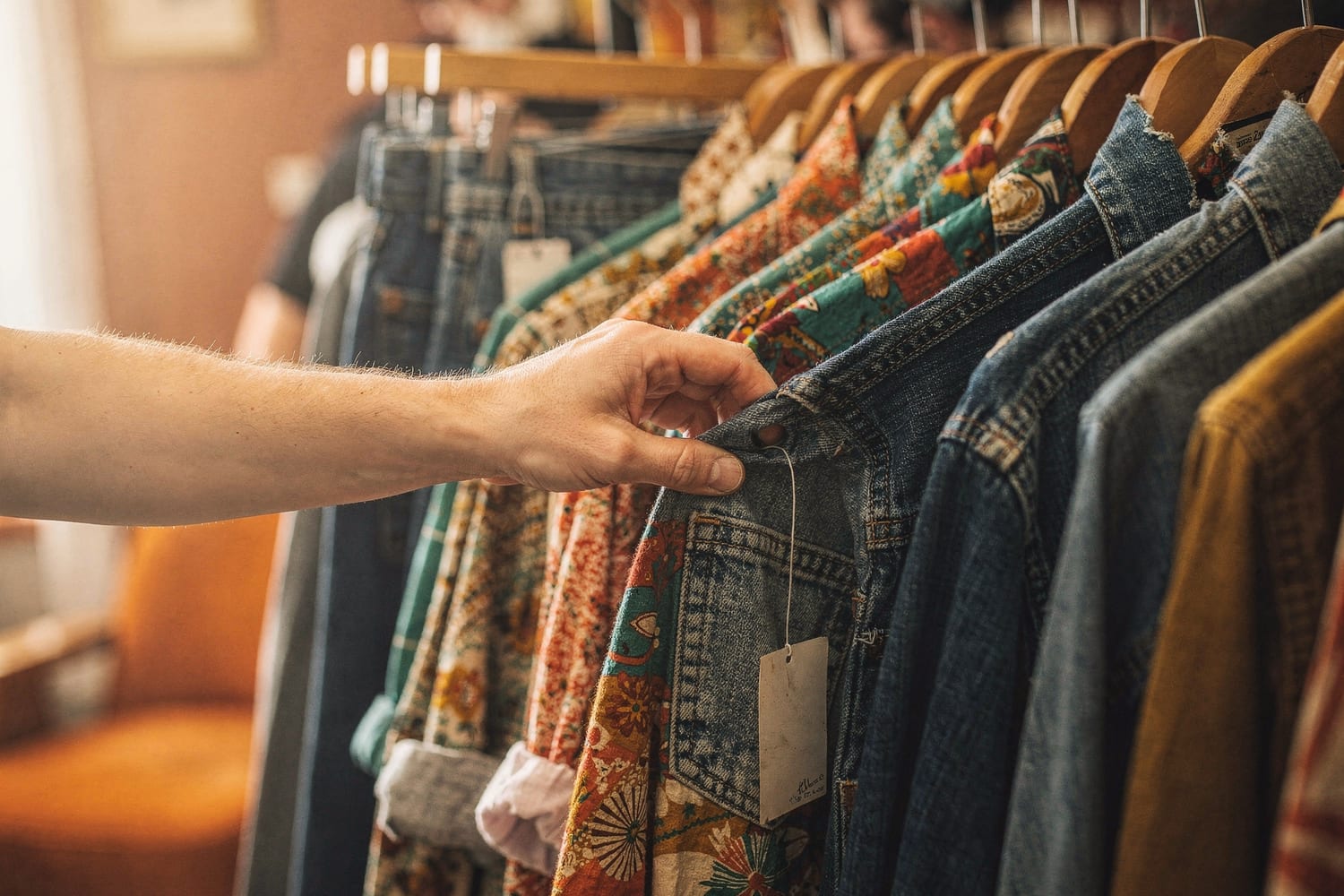 A shopper flipping through a rack of vintage denim and colorful second-hand garments, price tags visible
